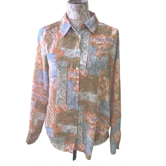 Vintage Patchwork Floral Paisley Button Up Shirt Long Sleeve Collared Blouse Top - Picture 1 of 9